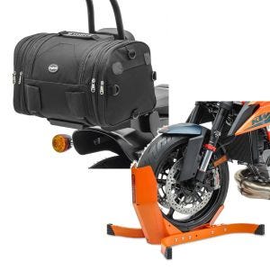 Sett: Motorsykkel hale bag Craftride RB1 bagasjerull 24-30 liter egnet for chopper cruisere og custom sykler svart + motorsykkel rocker ConStands Easy-Plus motorsykkel stativ opp til 21 tommer oransje
