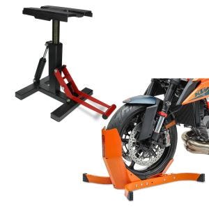 Sett: Hydraulisk motocrossstativ Enduro løftestativ Cross-Lift-Pro opp til 150 kg fra ConStands + motorsykkelrocker ConStands Easy-Plus motorsykkelstativ opp til 21 tommer oransje