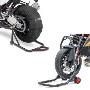 Sett: Motorsykkel dekkvarmer sett Laguna Seca ConStands 60-80°C egnet for forhjul og bakhjul 17 tommer i svart + styrehodestativ motorsykkel Constands Falcone 5 PIN-rattmonteringsstativ