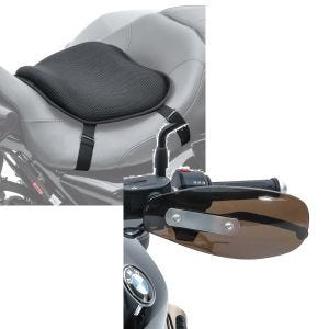 Sett: Motorsykkel gel setepute Tourtecs L komfortpute universal i svart + håndbeskyttere Universal Tourtecs HP styrebeskyttelse mørktonet
