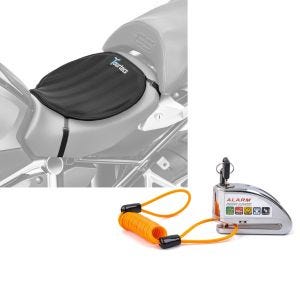 Sett: Motorsykkel gel setepute Tourtecs neopren L gel pute setetrekk i sort + bremseskivelås alarm med påminnelseskabel Tourtecs tyveribeskyttelse motorsykkel 110dB krom