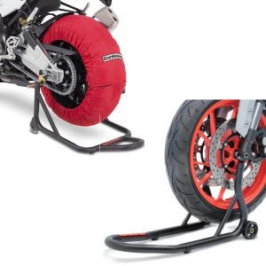 Sett: Motorsykkel dekkvarmer sett Laguna Seca ConStands 60-80°C egnet for forhjul og bakhjul 17 tommer i rødt + reparasjonsstativ forhjul ConStands Fork motorsykkelstativ med dorholder matt svart