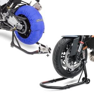 Sett: Motorsykkel dekkvarmer sett Laguna Seca ConStands 60-80°C egnet for forhjul og bakhjul 17 tommer i blått + reparasjonsstativ forhjul ConStands Racing S motorsykkelstativ V-feste