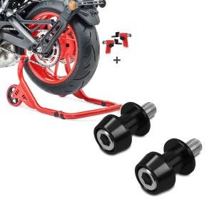 Sett: Reparasjonsstativ for bakhjul ConStands Falcone med L- og V-feste rød + motorsykkel prisme socket racing adapter Motea Assen M10 x 1,5 svart