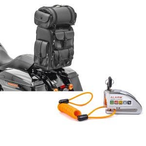 Sett: Sissybar bag med bagasjerull egnet for Chopper Craftride DLX halebag PU-skinn + bremseskivelåsalarm med påminnelseskabel Tourtecs anti-tyveribeskyttelse motorsykkel 110dB krom