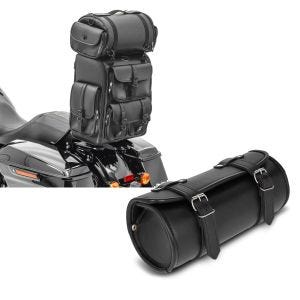 Sett: Sissybar bag med bagasjerull egnet for chopper Craftride DLX halebag PU-skinn + motorsykkelverktøyrull Craftride Kansas 3Ltr tilpasset verktøyveske i svart