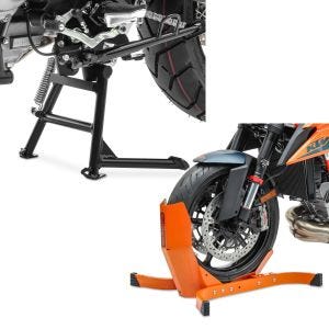 Sett: Hovedstativ med ABE egnet for Suzuki V-Strom 650 / XT 11-24 senterstativ ConStands i sort + motorsykkelrocker ConStands Easy-Plus motorsykkelstativ opp til 21 tommer oransje