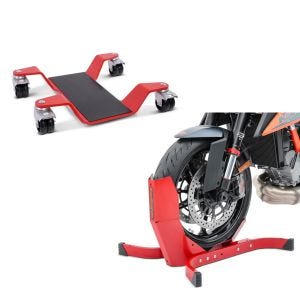 Sett: manøvreringshjelp for hovedstativ ConStands Easy Mover II opp til 400 kg i rødt + motorsykkelvippe ConStands Easy-Plus motorsykkelstativ opp til 21 tommer rød