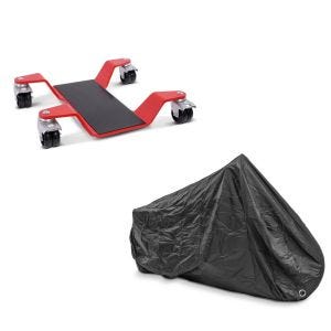 Sett: manøvreringshjelp for hovedstativ ConStands Easy Mover II opp til 400 kg i rødt + motorsykkelpresenning Craftride XXXL deksel i svart
