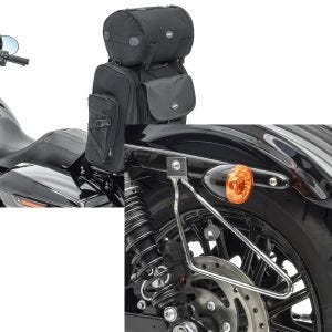 Sett: Motorsykkel sissy bar bag Craftride SXL halebag med bagasjerull i svart + salveskeholder universal Craftride krom