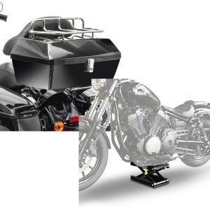 Sett: Motorsykkel toppkoffert med bagasjegrill Craftride Missouri 43Ltr for chopper låsbar svart + motorsykkelløft ConStands Midlift M motorsykkelheis egnet for choppere / custom sykler opp til kg i svart CB39617