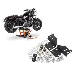 Sett: Motorsykkelløfter ConStands Midlift L motorsykkelløfter for choppere opp til 680 kg i oransje + dokkingutstyrssett som passer for Harley Davidson Touring 97-08 Craftride