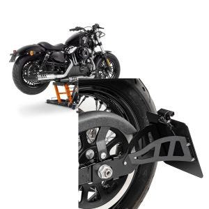 Sett: Motorsykkelløft ConStands Midlift L motorsykkelløfter for choppere opp til 680 kg i oransje + sideskiltholder som passer for Harley Davidson Dyna Street Bob 06-17 CRB Craftride svart