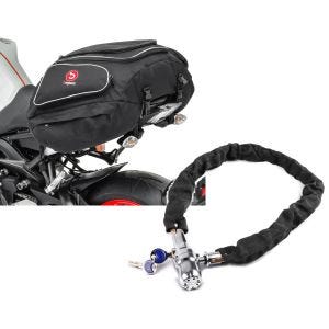 Sett: Motorsykkel hale bag Bagtecs X50 bagasje bag 50 liter i sort + alarmkjedelås CA1, 1m-8mm