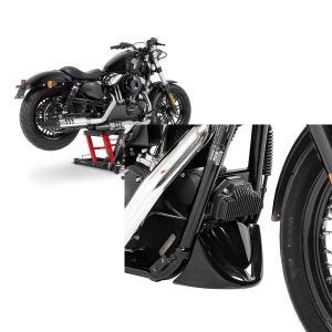Sett: Motorsykkelløft ConStands Midlift L motorsykkelløfter for choppere opp til 680 kg i rødt + frontspoiler egnet for Harley Davidson Dyna-modeller 06-17 Craftride svart