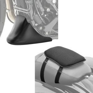 Sett: frontspoiler egnet for Harley Davidson Sportster 1200 Roadster 17-20 Craftride svart + motorsykkel gel setepute Tourtecs S komfortpute universal i svart
