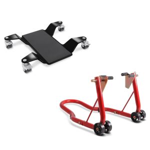 Sett: Manøvreringshjelp for hovedstativ ConStands Easy Mover II opptil 320 kg i sort + reparasjonsstativ forhjul ConStands Classic-V motorsykkelstativ med V-fester rød