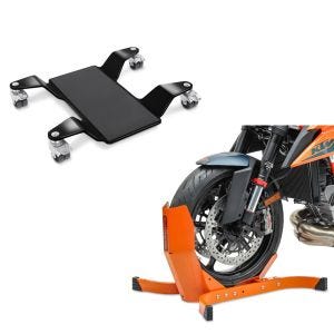 Sett: manøvreringshjelp for hovedstativ ConStands Easy Mover II opptil 320 kg i sort + motorsykkelvippe ConStands Easy-Plus motorsykkelstativ opp til 21 tommer oransje