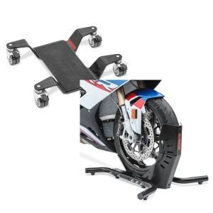 Sett: manøvreringshjelp for hovedstativ ConStands Easy Mover III opptil 400 kg i sort + motorsykkelstativ ConStands Easy-Evo i svart motorsykkelvippe