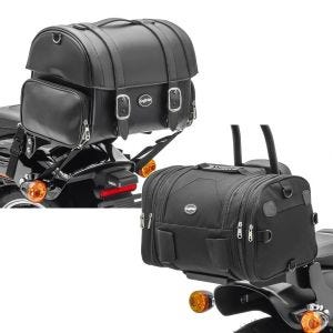 Sett: Motorsykkel hale bag Craftride FP Sissybar bag egnet for cruisere og retro 32 liter + Motorsykkel hale bag Craftride RB1 bagasjerull 24-30 liter egnet for chopper cruisere og custom sykler svart
