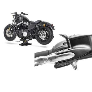 Sett: Motorsykkelløft ConStands miniløft saksejekk opp til 500 kg i sort + LED-styreindikatorer med kjørelys, universelt egnet for styrebeslag med Lumitecs E-merke, tonet