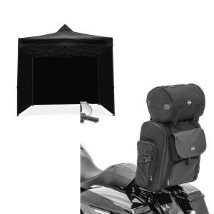 Sett: racingtelt med 4 sidevegger 3x3m Tourtecs sammenleggbar for racerbanen svart + motorsykkel sissy bar bag Craftride SXL halebag med bagasjerull i svart