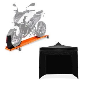Sett: Motorsykkel manøvreringsskinne med rocker ConStands Smart Mover opptil 450 kg i oransje + racingtelt med 4 sidevegger 3x3m Tourtecs sammenleggbar for racerbanen svart