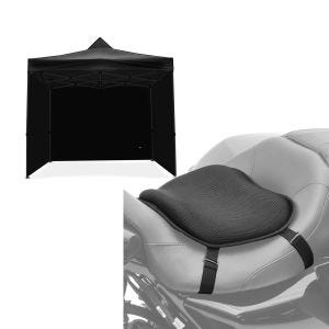 Sett: racingtelt med 4 sidevegger 3x3m Tourtecs sammenleggbar for racerbanen svart + motorsykkel gel setepute Tourtecs L komfortpute universal i svart