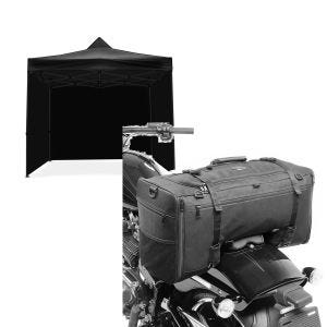 Sett: racingtelt med 4 sidevegger 3x3m Tourtecs sammenleggbar for racerbanen svart + motorsykkel halebag Craftride SQ1 pillion bag for choppere og cruisere