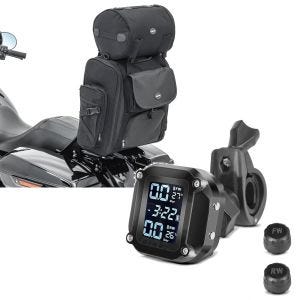 Sett: Motorsykkel sissy bar bag Craftride SXL halebag med bagasjerull i svart + Dekktrykkovervåkingssystem TPMS med temperaturmåler Tourtecs digital dekktrykkmåler