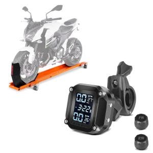 Sett: Motorsykkel manøvreringsskinne med vippe ConStands Smart Mover opptil 450 kg i oransje + Dekktrykkovervåkingssystem TPMS med temperaturmåler Tourtecs digital dekktrykktester