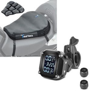 Sett: motorsykkel luftpute Tourtecs Air Deluxe M komfortsetepute i svart + dekktrykkovervåkingssystem TPMS med temperaturmåler Tourtecs digital dekktrykktester
