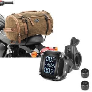 Sett: Motorsykkel halebag vintage 25L lerretsryggsekk bagasjerull brun Craftride + Dekktrykkovervåkingssystem TPMS med temperaturmåler Tourtecs dekktrykkmåler digital
