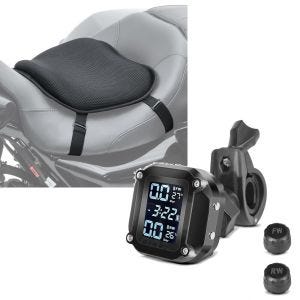 Sett: motorsykkel gel setepute Tourtecs L komfortpute universal i svart + dekktrykkovervåkingssystem TPMS med temperaturmåler Tourtecs digital dekktrykktester