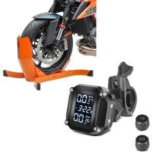 Sett: Motorsykkelvippe ConStands Easy-Plus motorsykkelstativ opp til 21 tommer oransje + Dekktrykkovervåkingssystem TPMS med temperaturmåler Tourtecs dekktrykktester digital