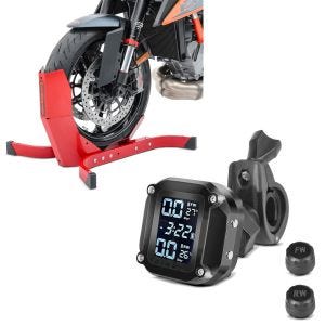 Sett: Motorsykkelvippe ConStands Easy-Plus motorsykkelstativ opp til 21 tommer rød + dekktrykkovervåkingssystem TPMS med temperaturmåler Tourtecs dekktrykktester digital