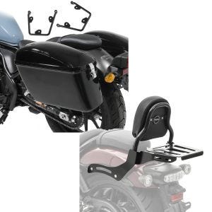 Sett: Sett med 2x sidekofferter med holder egnet for Honda Rebel 1100 CMX 21-24 Craftride Dallas venstre-høyre + Sissy bar XS3 egnet for Honda Rebel 1100 CMX 21-24 med bagasjehylle svart Craftride
