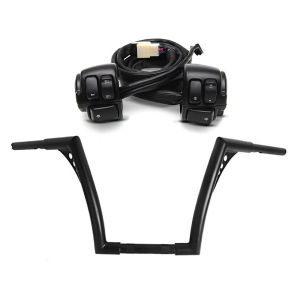 Sett: Styre med TÜV delesertifikat Ape Hanger Fat B2 1-1/4" høyde 12" + styrebryter egnet for Harley Davidson Dyna Sportster Softail V-Rod 96-13 Craftride styrebeslag svart
