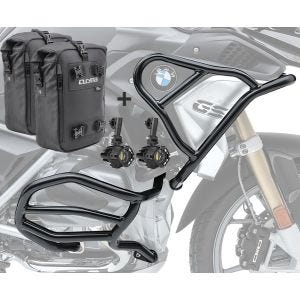 Set Sturzbügel oben unten + Scheinwerfer XL5 für BMW R 1200 GS Rallye 17-18 + Taschen Motoguard schwarz CB4_1