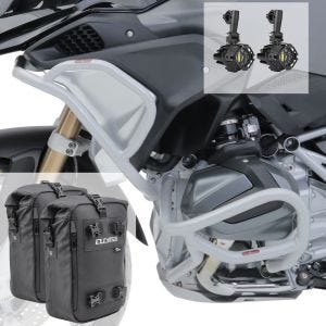 Set Sturzbügel oben unten + Scheinwerfer L6 für BMW R 1250 GS 19-21 + Taschen silber Motoguard_1