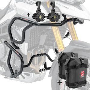 Sett Motoguard kollisjonsbøyler topp bunn + frontlykt egnet for Triumph Tiger 900 20-23 + vesker svart