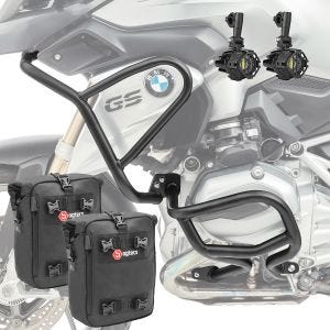 Set Sturzbügel oben unten + Scheinwerfer L2 für BMW R 1200 GS 13-16 + Taschen Motoguard schwarz CB4_1