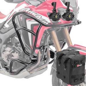 Set Sturzbügel oben unten XL + Scheinwerfer für Honda Africa Twin CRF 1000 L 16-19 + Taschen Motoguard schwarz CB8_1