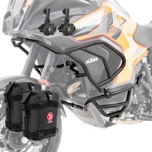 Sett med kollisjonsbøyler + frontlykt L2 egnet for KTM 1290 Super Adventure R / S 21-24 + vesker Motoguard svart