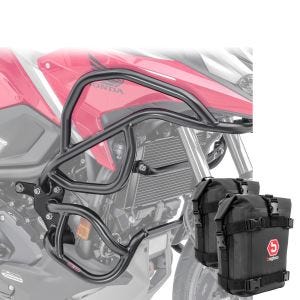 Sett med kollisjonsbøyler + vesker egnet for Honda NC 750 X 21-24 beskyttelsesstenger topp bunn Motoguard svart