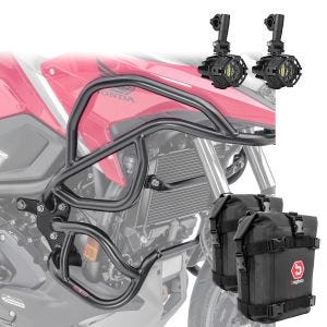 Sett med kollisjonsbøyler + frontlykt egnet for Honda NC 750 X 21-24 + vesker Motoguard svart