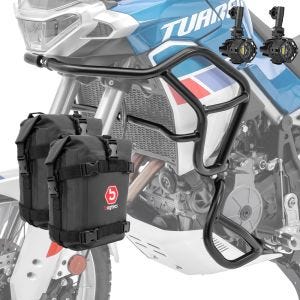 Sett med kollisjonsbøyler + frontlykt egnet for Aprilia Tuareg 660 22-24 + vesker Motoguard svart