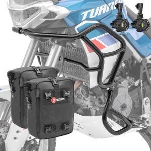 Sett med styrbøyler topp bunn + frontlykt egnet for Aprilia Tuareg 660 22-24 + håndtak bag 2x10 Bagtecs CB4 svart