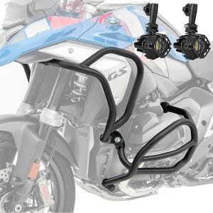 Sett med kollisjonsbøyler + ekstra frontlykter egnet for BMW R 1300 GS 23-24 tåkelys Motoguard svart SG43