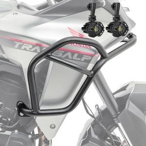 Sett med øvre kollisjonsbøyler + ekstra frontlykter egnet for Honda Transalp XL 750 23-24 tåkelys Motoguard HG14 svart